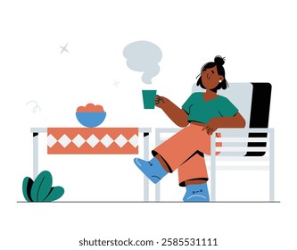 Woman Relaxing With a Hot Drink in Flat Vector Illustration Symbolizing Comfort, Leisure, and Self Care, Isolated on White Background