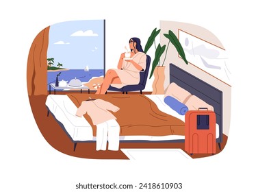 Woman relaxing in hotel room, enjoying sea resort and beach view from window. Guest, tourist resting after arriving for summer vacation. Flat graphic vector illustration isolated on white background