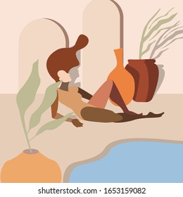 Woman relaxing indoors next to the pool. Minimalist and Trendy. Flat Vector Illustration. 