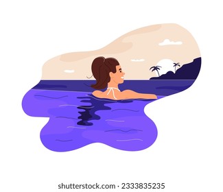 Woman relaxing in infinity swimming pool. Happy female looking at sea view. Girl enjoying summer travel vacation, Spa relax. Flat vector illustration isolated on white background