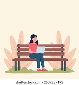 A woman is relaxing with laptop on park bench with nature calm color background