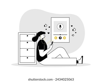 Woman is relaxing listening to music on her smartphone alone at home, black and white style. Character design. Vector flat illustration