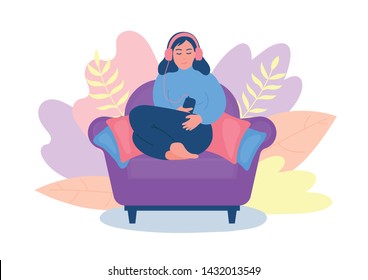 Woman relaxing and listenning podcasts, online trainings, music, or online radio. Women sitting in armchair. Vector illustration.