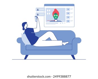 Woman relaxing in living room while watching beauty content video. Character design. Vector flat illustration