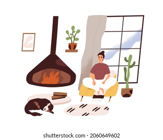 Woman relaxing and meditating in modern cozy living room at home, sitting in comfortable armchair by fireplace. Peaceful rest by fireside. Colored flat vector illustration isolated on white background