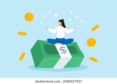 Woman relaxing and meditating on pile of money banknotes while coins rain down. Concept of financial wellbeing, effective money management, savings, investment, and accumulating wealth