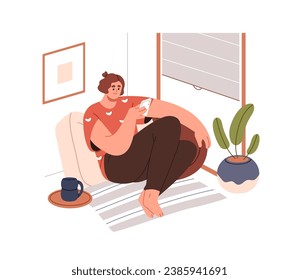 Woman relaxing with mobile phone, sitting at home. Girl using smartphone, resting by window. Female character surfing internet, holding cellphone. Flat vector illustration isolated on white background