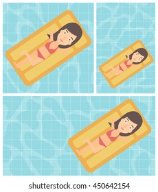 Woman relaxing on the air bed in the swimming pool. Young woman enjoying her vacation. Vector flat design illustration. Square, horizontal, vertical layouts.