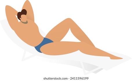 Woman relaxing on a beach chair, sunbathing in a blue bikini. Summer holiday and travel concept. Sun tanning and leisure vector illustration.