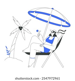 Woman Relaxing On Beach Chair With Cocktail Under Umbrella In Flat Vector Illustration Symbolizing Leisure, Summer Vacation, And Relaxation, Isolated On White Background.