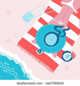 Woman relaxing on the beach and connecting with her phone, Summer vacations and technology concept. Top view beach lanscape. Traveling poster. Vector flat Illustration.