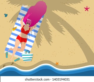 Woman Relaxing on Beach. Girl in Red Swimwear Lying on Towel at Seaside under Palm Tree. Hello Summer Typography, Leisure, Tanning, Sparetime Relaxation Cartoon Flat Vector Illustration, Banner