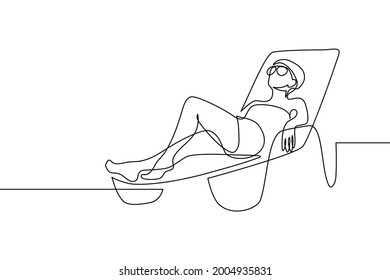 Woman relaxing on a beach lounge chair in continuous line art drawing style. Wellness and relax time. Happy summer vacation. Black linear sketch isolated on white background. Vector illustration