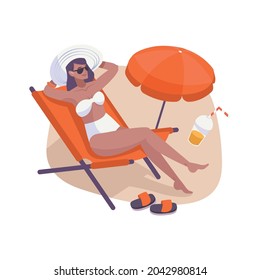 Woman relaxing on beach lounge with umbrella and cocktail flat composition vector illustration