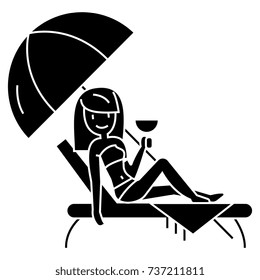 woman relaxing on beach in sunbed and umbrella with coctail  icon, vector illustration, sign on isolated background