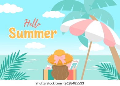 Woman relaxing on a beach with an umbrella ideal for vacation brochures, travel websites, beach resorts, lifestyle blogs, and relaxation concepts.