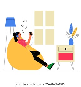 Woman Relaxing On Bean Bag Chair And Listening To Music With Headphones, In Flat Vector Illustration Symbolizing Leisure, Relaxation, And Entertainment, Isolated On White Background.