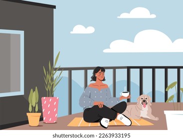 Woman relaxing on cozy balcony. Young girl with cup of coffee or tea and dog sits in lotus position. Outdoor recreation and rest, hostess with hot drink and pet. Cartoon flat vector illustration