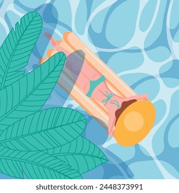 Woman relaxing on float swim ring. Flat style woman on vacation swimming in pool, resting or dreaming on water waves on inflatable ring or mattress. Summer travel and leisure on water, beach activity