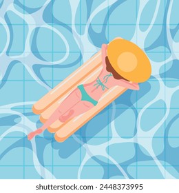 Woman relaxing on float swim ring. Flat style woman on vacation swimming in pool, resting or dreaming on water waves on inflatable ring or mattress. Summer travel and leisure on water, beach activity