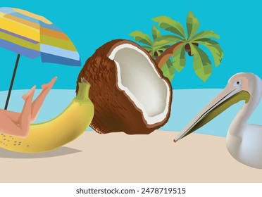 Woman relaxing on inflatable banana with pelican and coconut on tropical beach