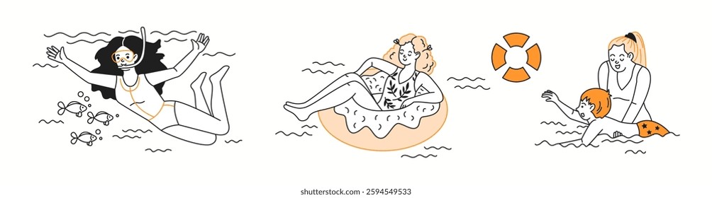 A woman relaxing on an inflatable donut-shaped float, drifting peacefully on the water, enjoying the warmth of a perfect summer day in a doodle illustration.