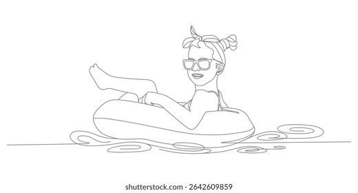 Woman Relaxing on Pool Float – Minimalist Continuous‑Line Vector Illustration