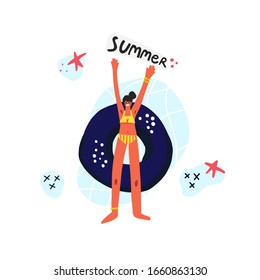 Woman relaxing on rubber ring. Summer concept vector illustration