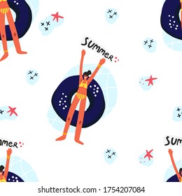 Woman relaxing on rubber ring. Summer concept vector illustration. Seamless vector pattern