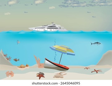 Woman relaxing on the seabed near a sinking boat, under a beach umbrella, while a yacht sails on the surface