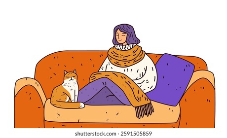 Woman relaxing on sofa with cat cozy scene warm colors home comfort orange and purple blanket scarf interior design template