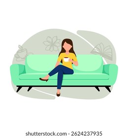 woman relaxing on sofa drinking coffee flat illustration