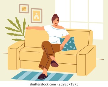 Woman relaxing on sofa. Young girl sitting on yellow couch in casual clothes. Rest and leisure, chill indoors. Comfortable and cozy lifestyle in apartment. Flat vector illustration