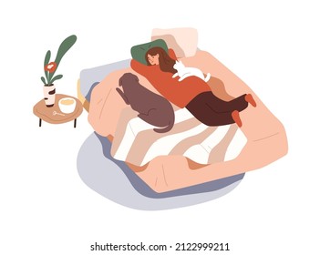 Woman Relaxing With Pets, Cat And Dog, Lying On Bed Together. Person Resting With Home Animals In Bedroom At Weekend. Female, Kitty And Doggy. Flat Vector Illustration Isolated On White Background