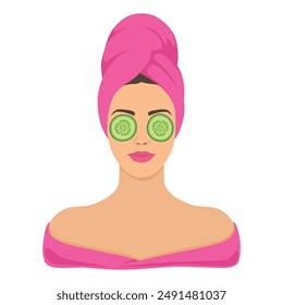 Woman relaxing in Pink towel with cucumber eye mask. self-care vector illustration.