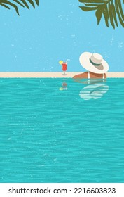 A woman is relaxing in the pool, In a luxurious beachfront hotel, Enjoying the perfect beach holiday. Girl in summer on vacation swims sunbathes and drinks juice by the pool. Flat vector illustration.