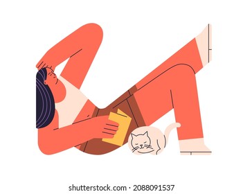 Woman relaxing and reading book. Happy person resting with cute sleeping cat at leisure time at home. Calm holidays and slow life concept. Flat vector illustration isolated on white background