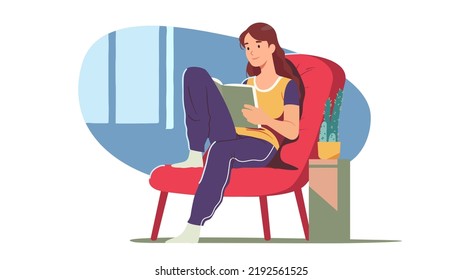 Woman relaxing reading paper book at home. Relaxed person cartoon character resting sitting on comfortable chair. Literature, knowledge, education, leisure entertainment flat vector illustration