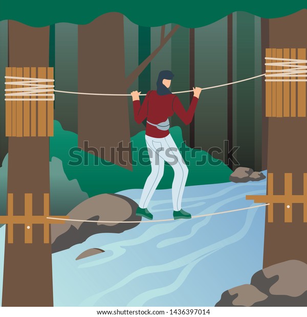 Woman Relaxing in Rope Park Flat Vector\
Character. Girl Walking on String in Wild Area. Extreme Tourist\
Having Fun in Adventure Park Illustration. Rope River Bridge in\
Forest, Mountains