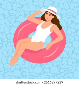 Woman relaxing in the  rubber ring in the swimming pool.  Summer season, hot weather. Vector Illustration