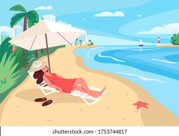 Woman relaxing at sandy beach flat color vector illustration. Summertime leisure. Girl sunbathing 2D cartoon character with city skyscrapers, ocean and tropical palm trees on background