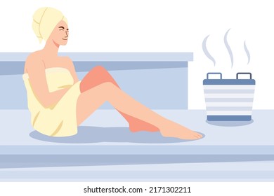 Woman Relaxing Sauna in spa, bathhouse or sauna of hot steam, Body care therapy, Wellness, cartoon characters Vector illustration.