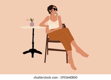 Woman Relaxing And Sitting On The Chair Near French Style Coffee Table With Sunglasses. Vector Illustration