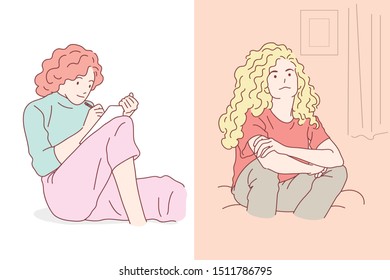 woman relaxing sitting on a couch writing something and looking outdoors through of the livingroom at home  hand drawn style vector doodle design illustrations.