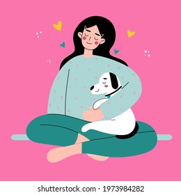 Woman Relaxing and Spending Time with your Dog. Character Take Care of Dog. Best friends. Pet Sitter and Animal Lover Concept. Flat Cartoon Vector Illustration.