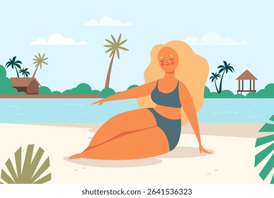 Woman relaxing and sunbathing on beach concept. Vector flat graphic design illustration
