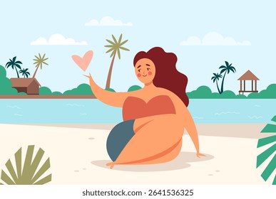 Woman relaxing and sunbathing on beach concept. Vector flat graphic design illustration