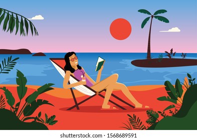 Woman relaxing in sunset on a beach, reading a book, having a drink, recreation, freedom, vacation and travel concept. Palm trees, sand and ocean in background. Vector illustration.