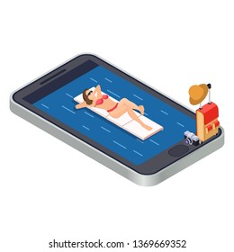 Woman relaxing with swimming mattress on sea - mobile app isometric travel concept