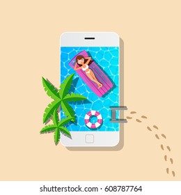 Woman Relaxing With Swimming Pool On Mobile Phone For Summer Concept